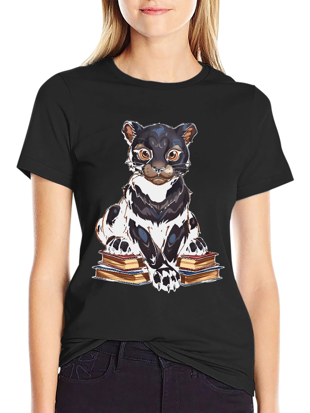 Bookish Cat Graphic Tee - Black Cotton T-Shirt
