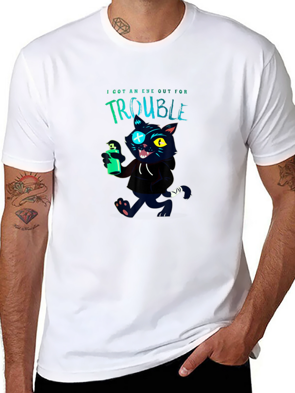Trouble Cat Graphic T-Shirt - Black