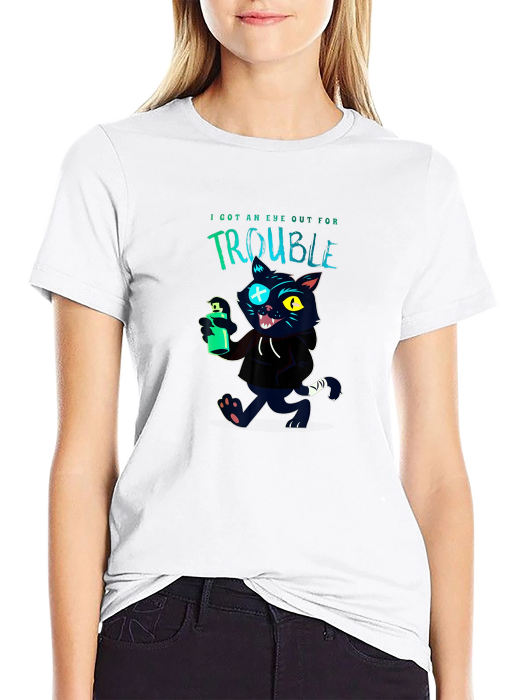 Trouble Cat Graphic T-Shirt - Black