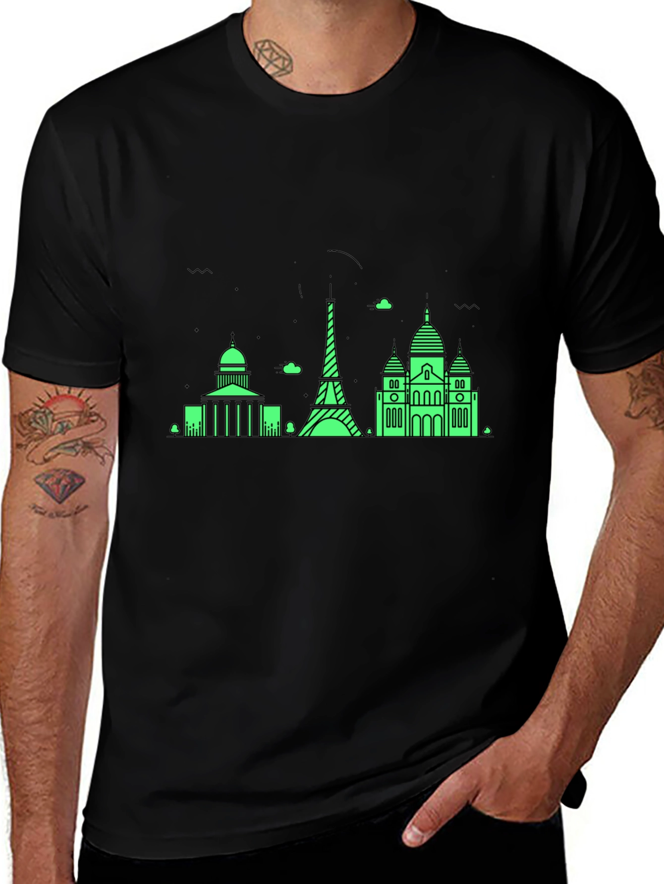 Paris Skyline Graphic Tee - Black Cotton T-Shirt