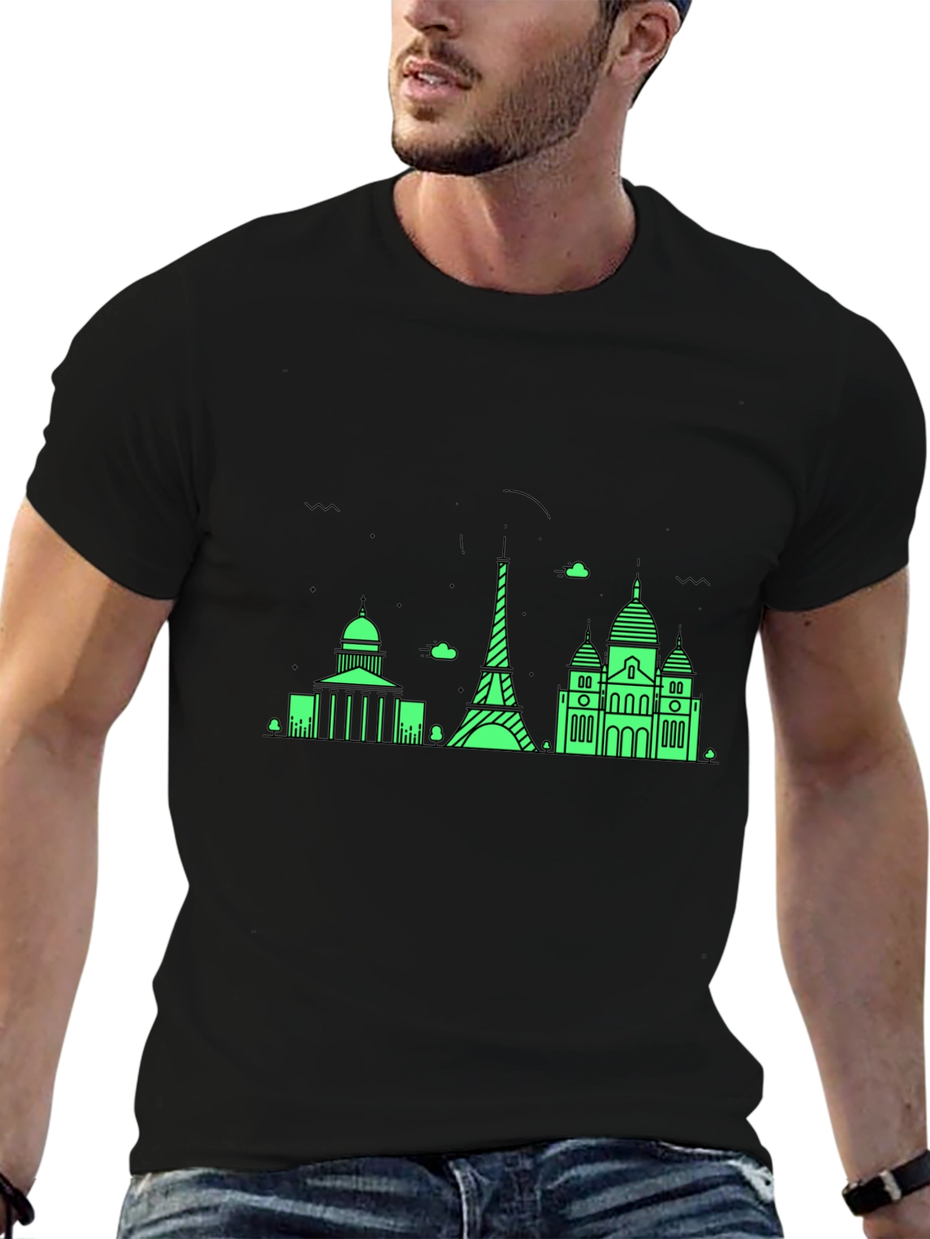 Paris Skyline Graphic Tee - Black Cotton T-Shirt