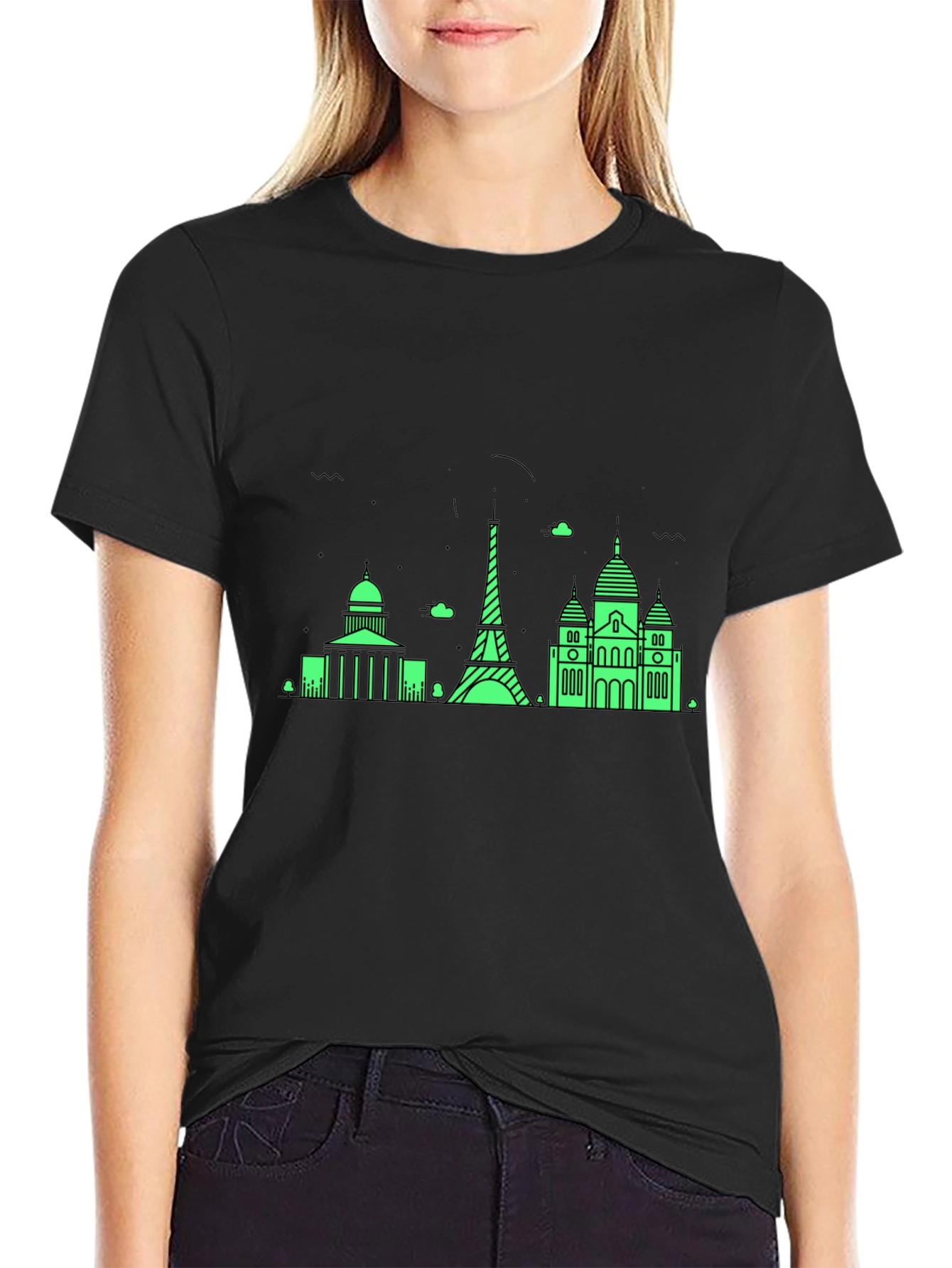 Paris Skyline Graphic Tee - Black Cotton T-Shirt