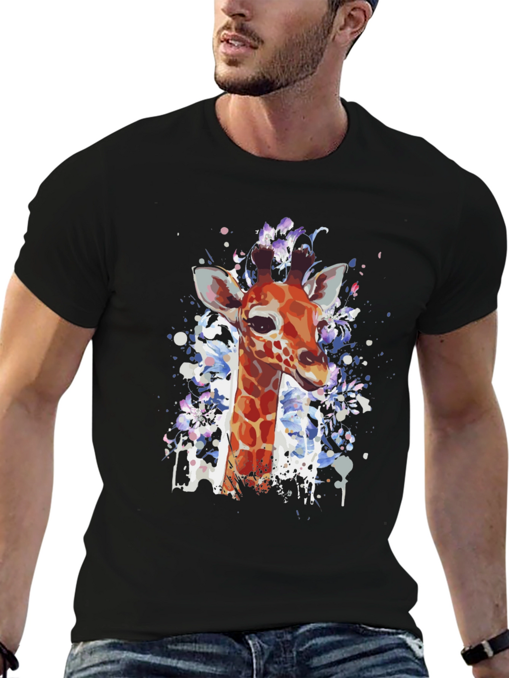 Giraffe Art Print Black T-Shirt