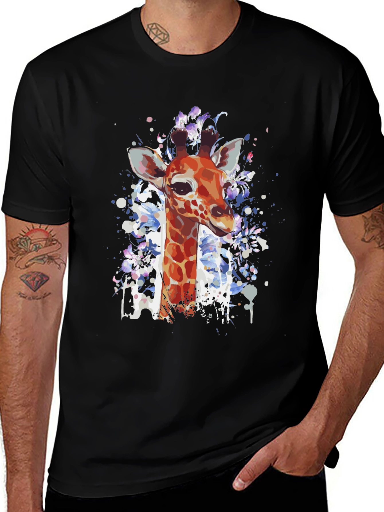 Giraffe Art Print Black T-Shirt