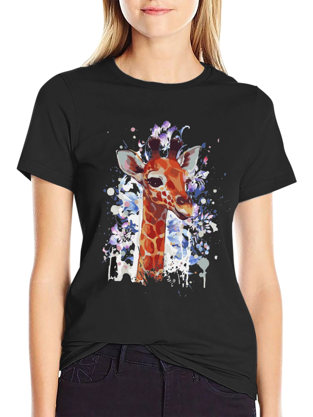 Giraffe Art Print Black T-Shirt