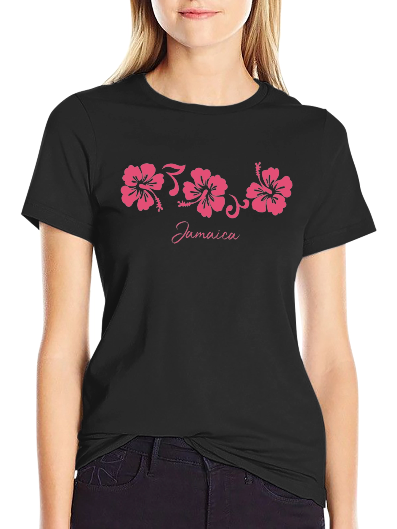 Jamaica Hibiscus Flower Black T-Shirt