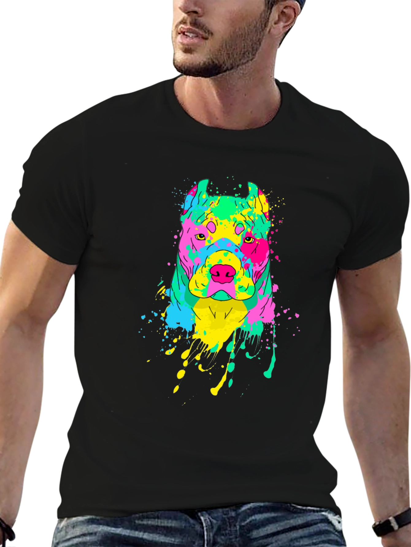 Vibrant Dog Graphic Tee - Mens Black T-Shirt
