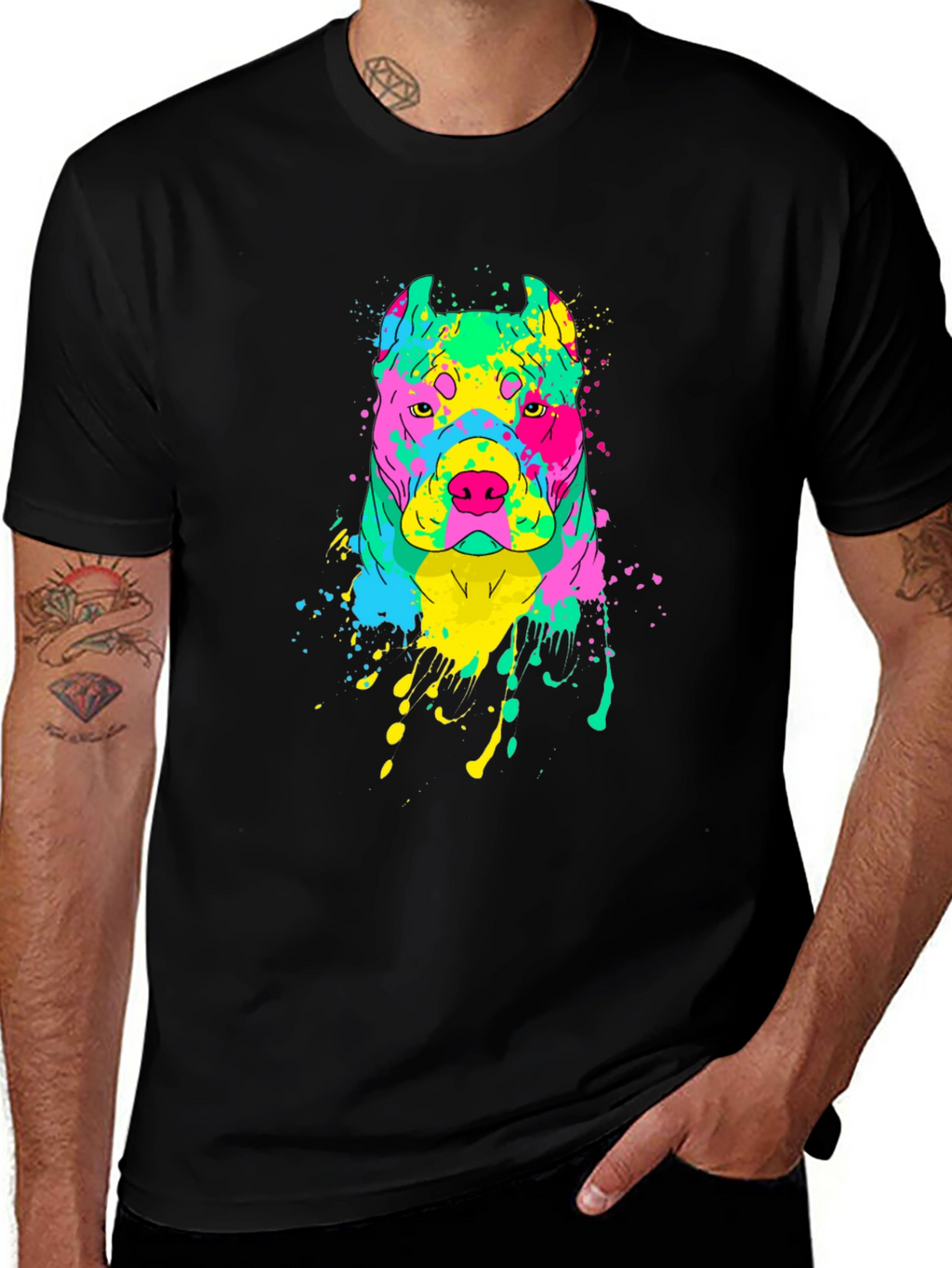 Vibrant Dog Graphic Tee - Mens Black T-Shirt