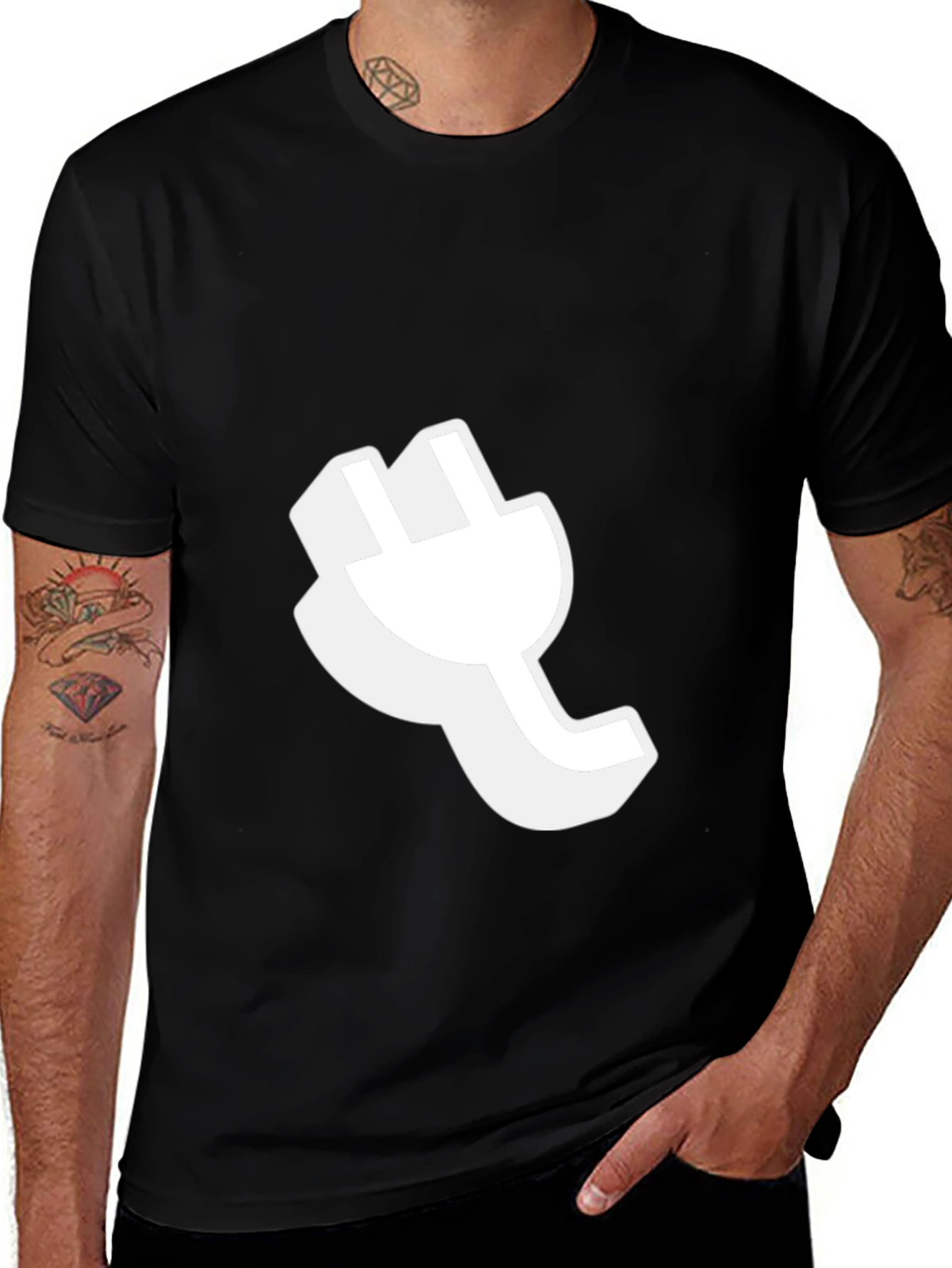 Black T-Shirt with White Plug Graphic - Modern Casual Wear