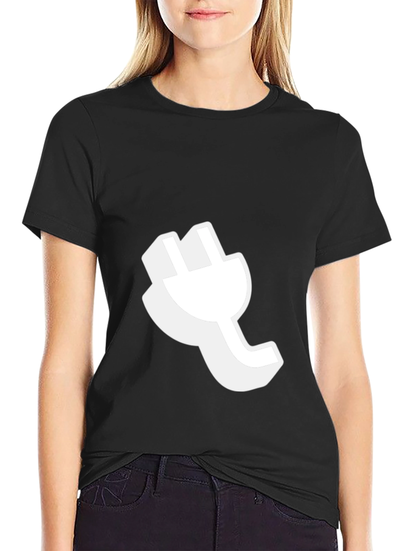 Black T-Shirt with White Plug Graphic - Modern Casual Wear