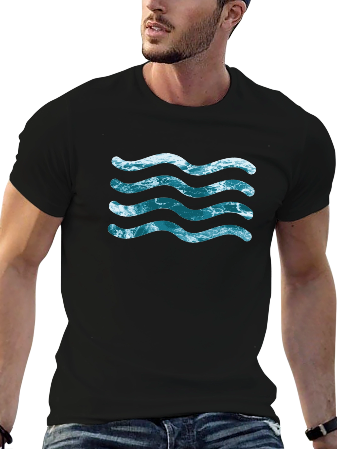 Ocean Wave Design Black T-Shirt