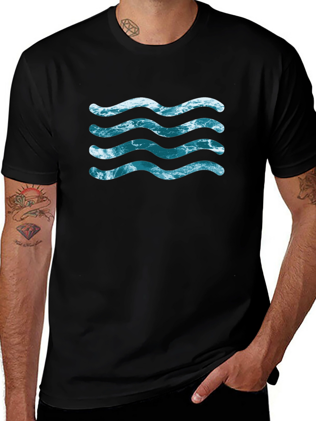Ocean Wave Design Black T-Shirt