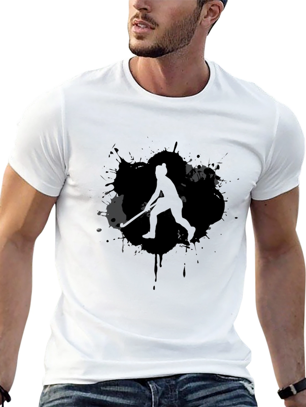 Hockey Player Graphic Tee - Black Cotton