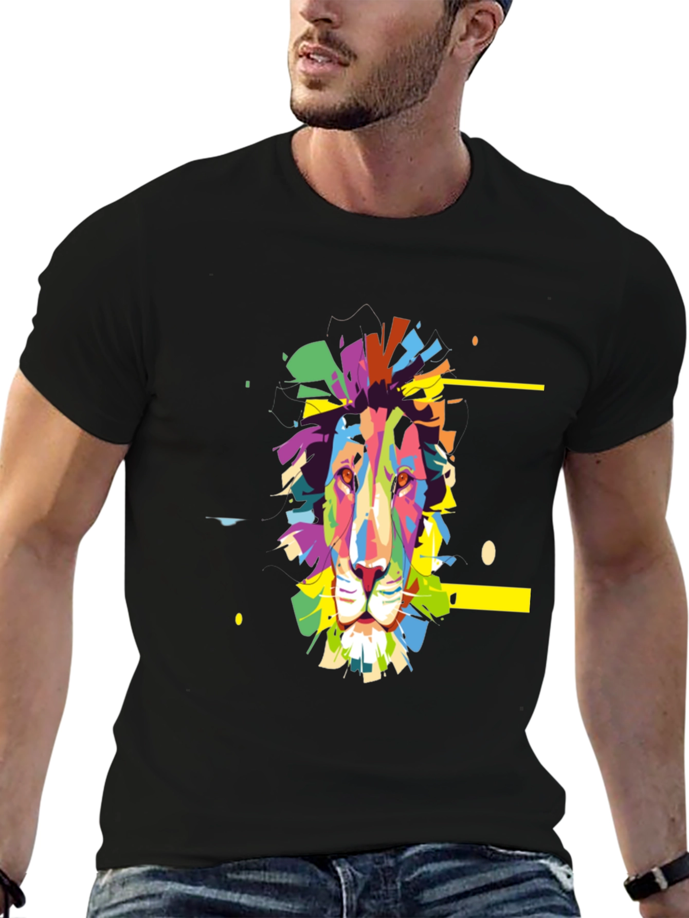 Colorful Lion Graphic Print Tee - Black