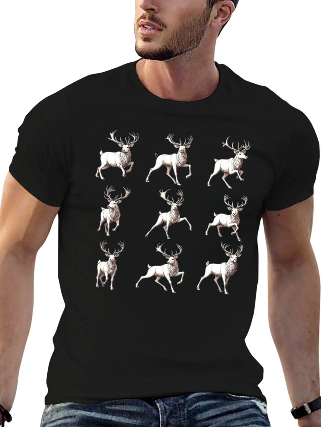 Deer Pattern T-Shirt - Mens Black Graphic Tee