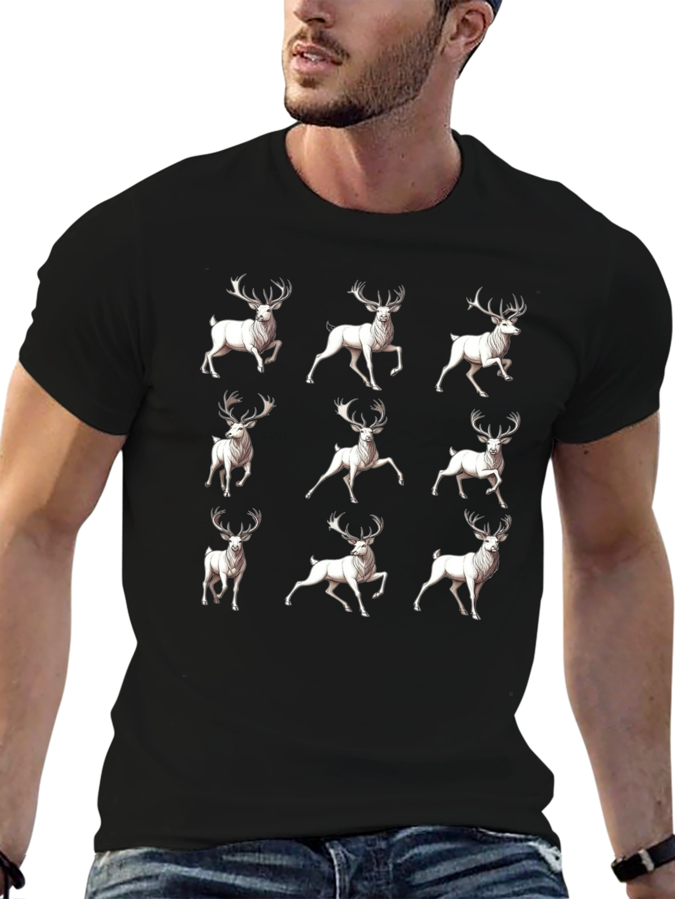 Deer Pattern T-Shirt - Mens Black Graphic Tee