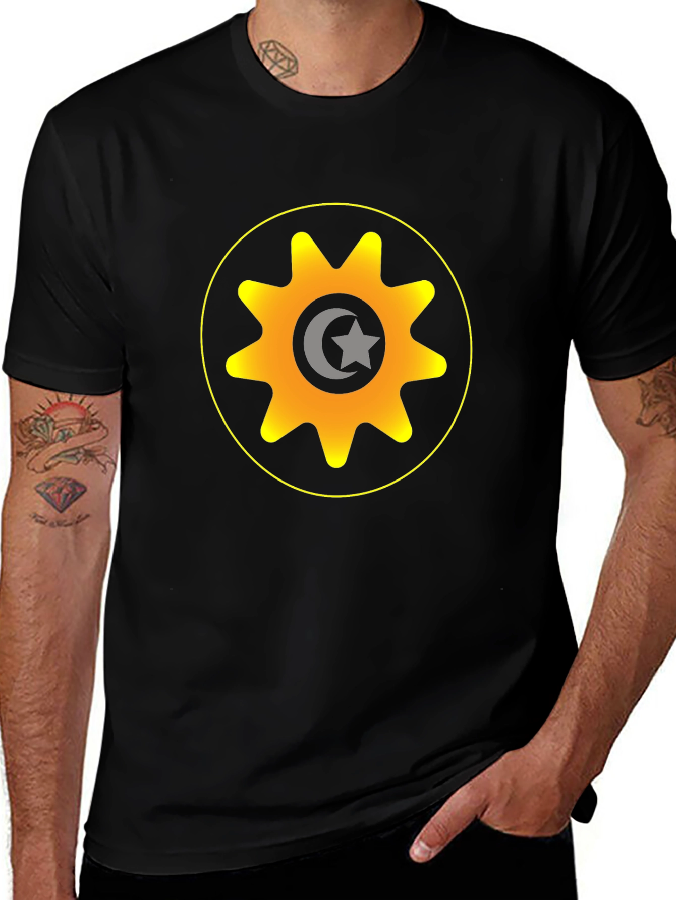 Gear & Crescent Moon Graphic Tee - Black