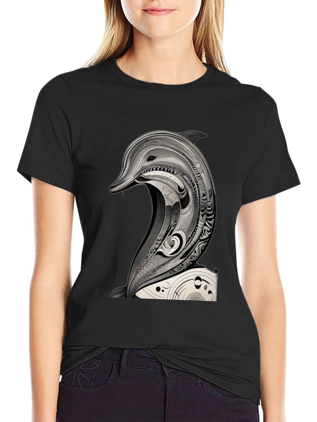 Black T-Shirt with Dolphin Art Graphic Tee