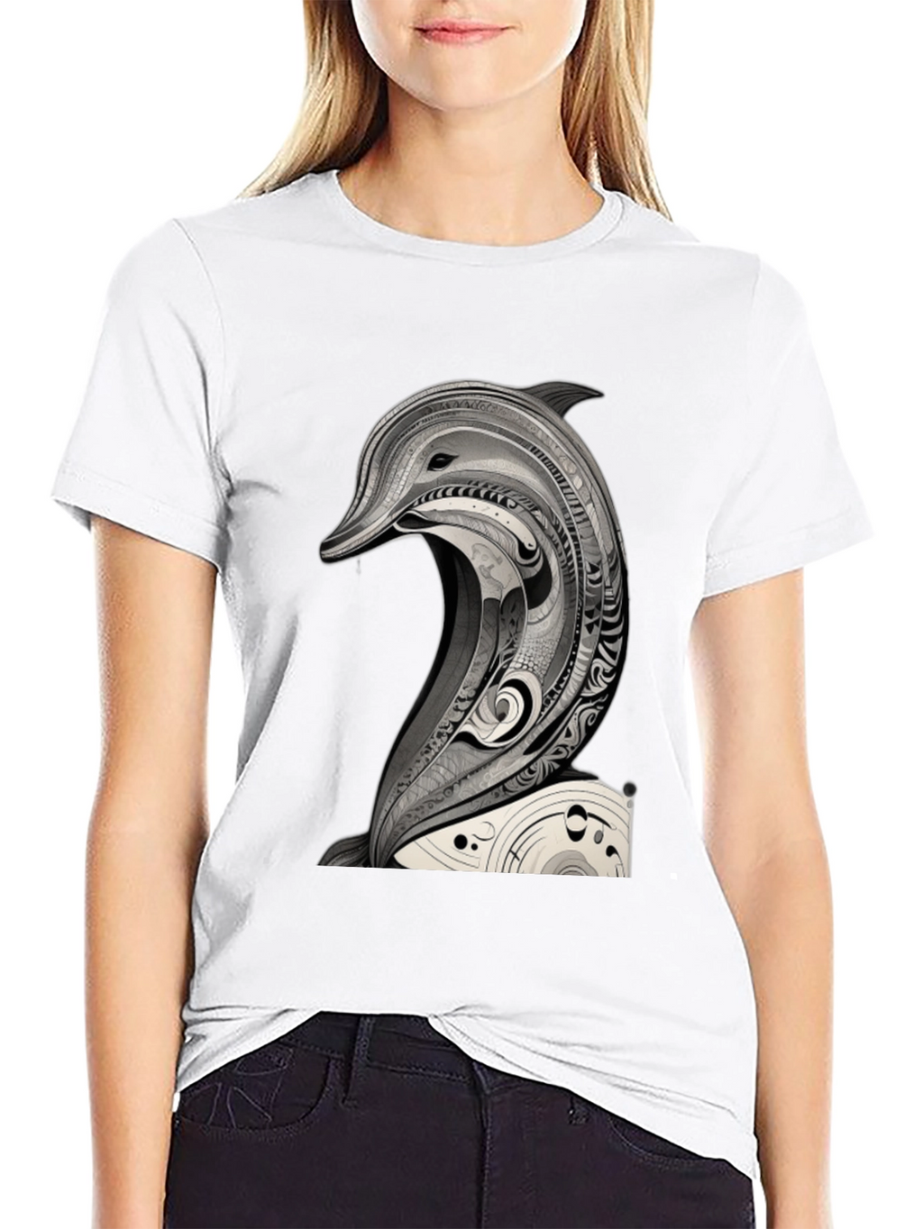 Black T-Shirt with Dolphin Art Graphic Tee
