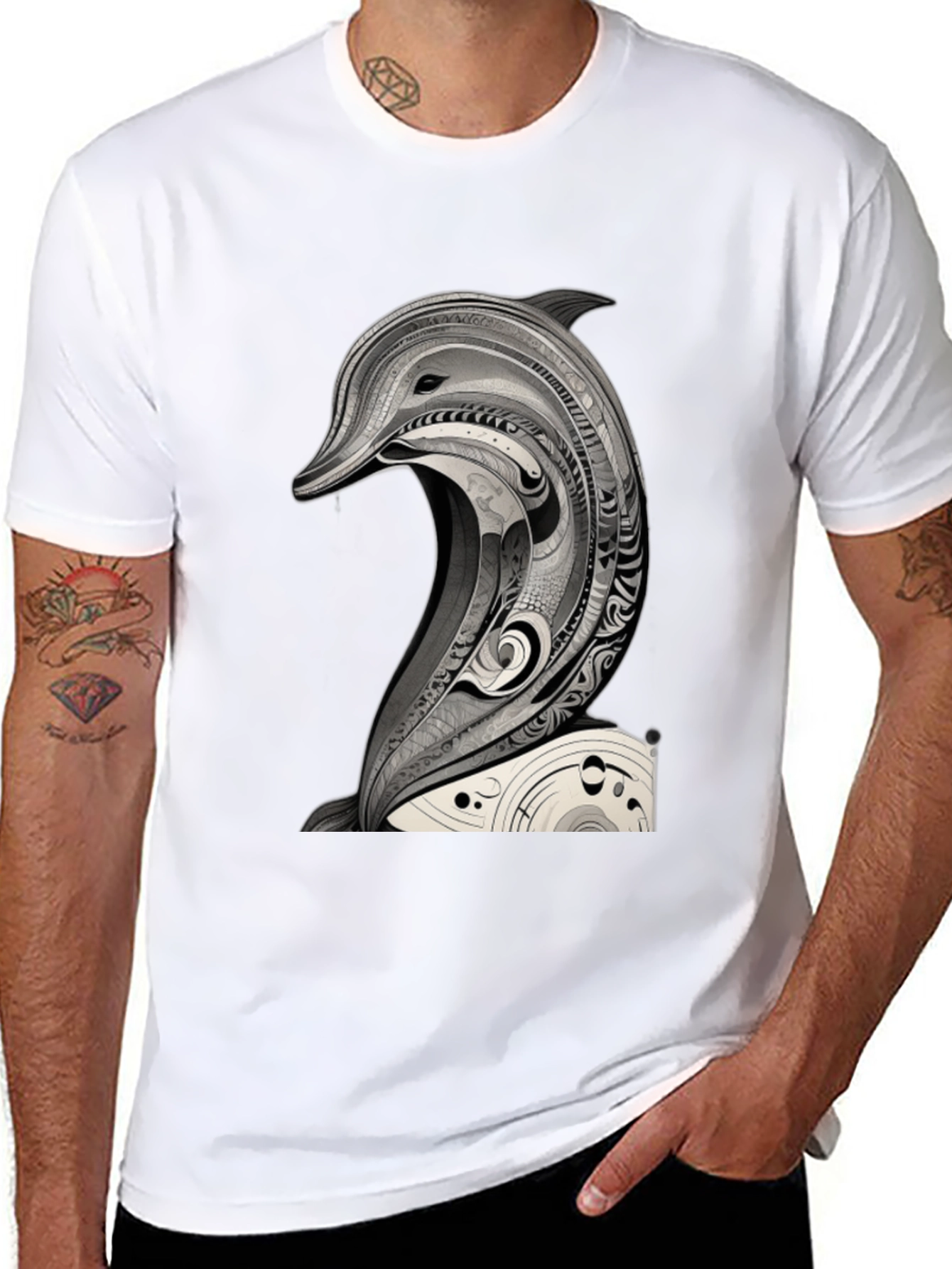 Black T-Shirt with Dolphin Art Graphic Tee