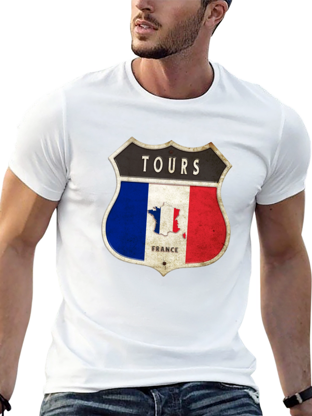 Tours France T-Shirt - French Flag Shield Design