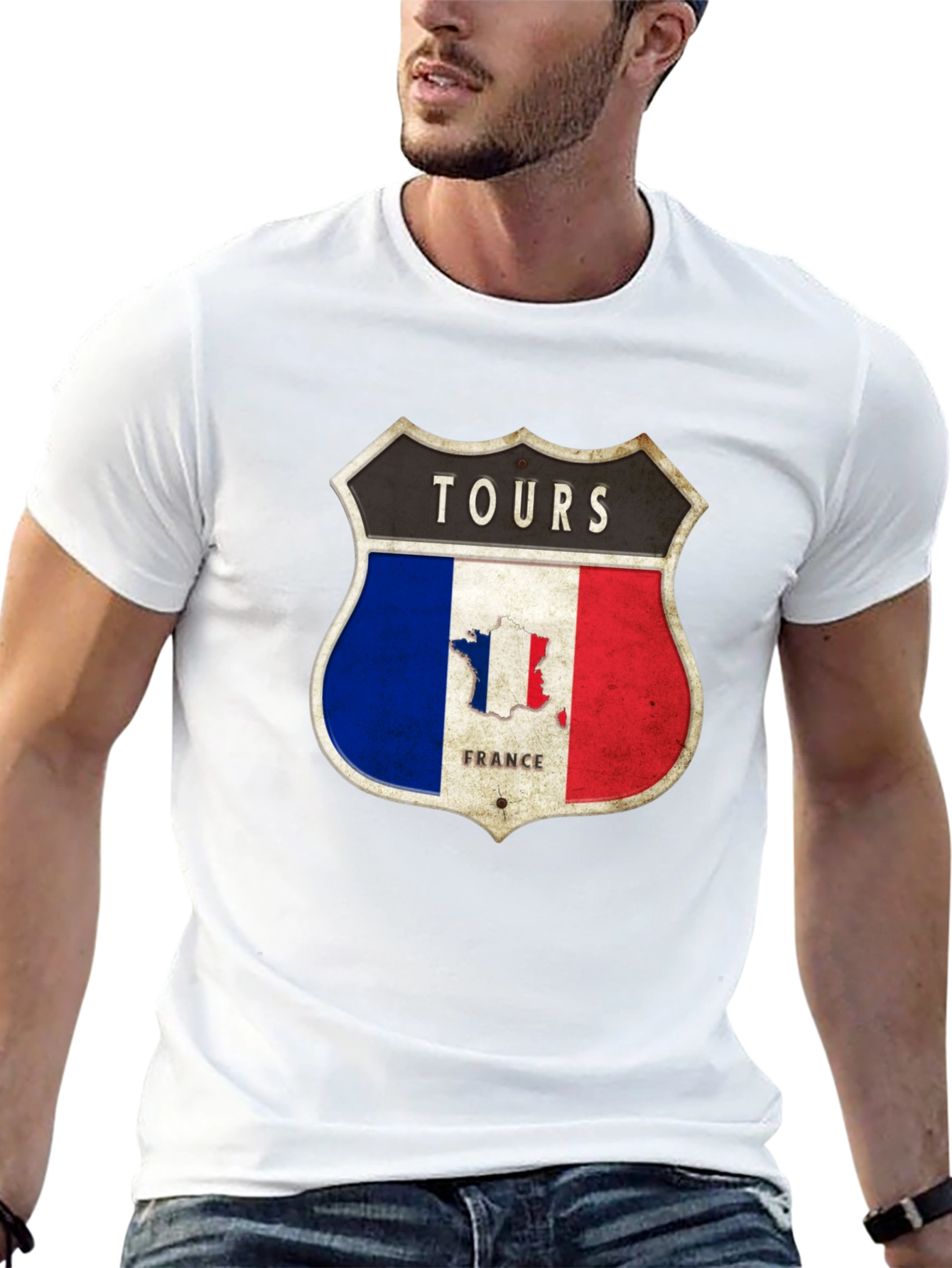 Tours France T-Shirt - French Flag Shield Design