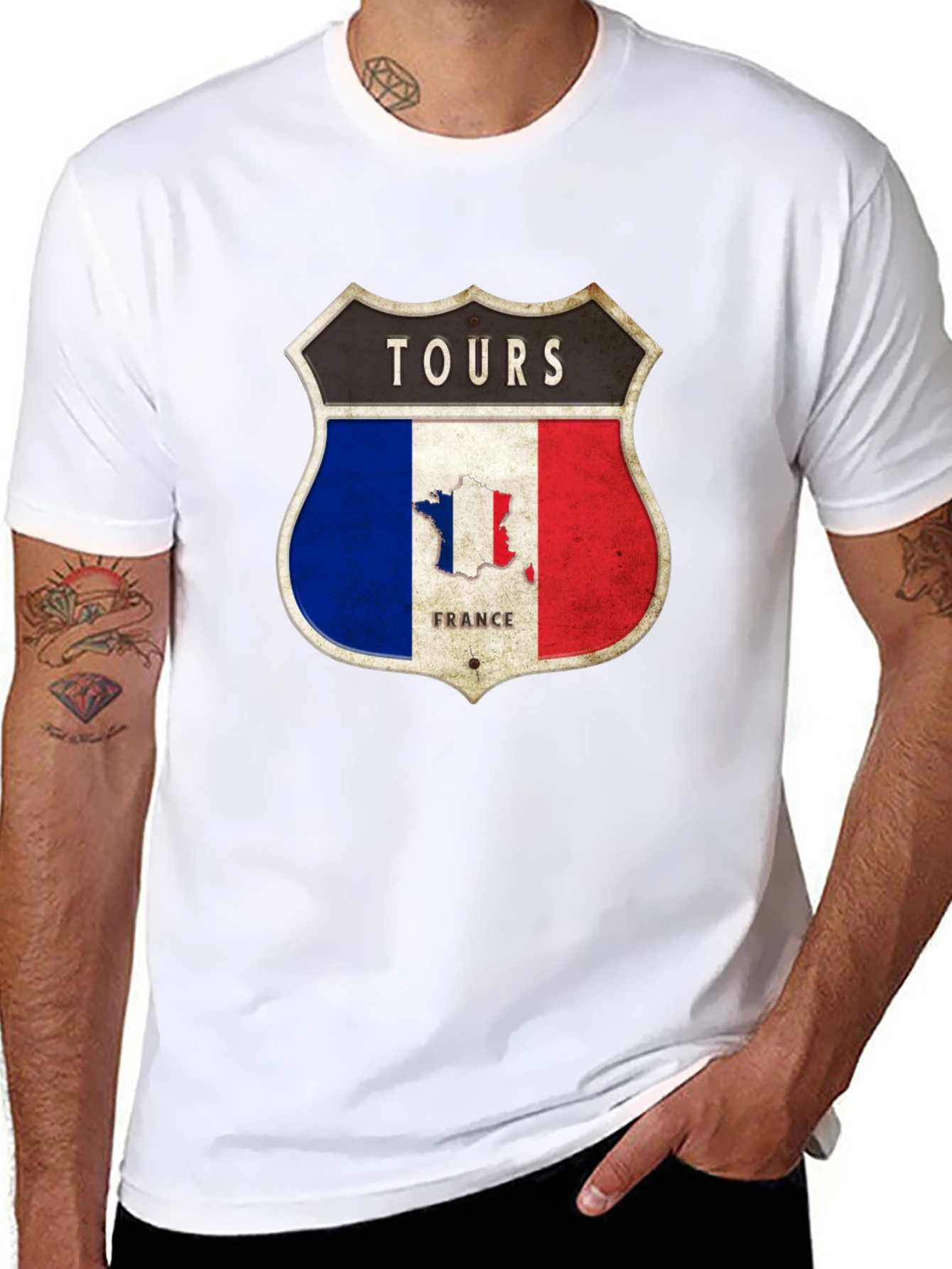 Tours France T-Shirt - French Flag Shield Design