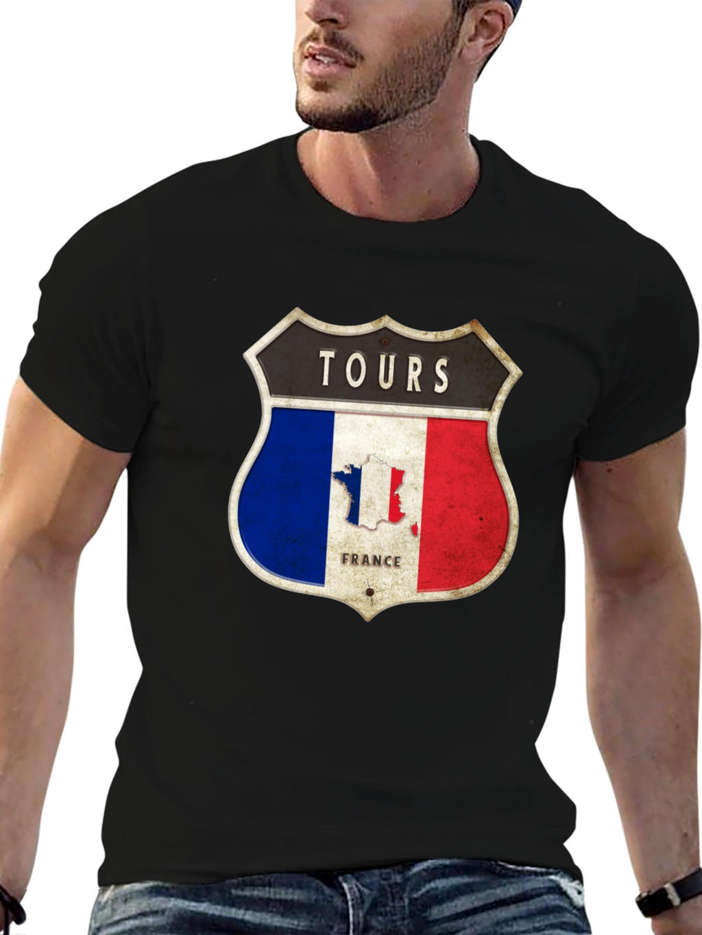 Tours France T-Shirt - French Flag Shield Design