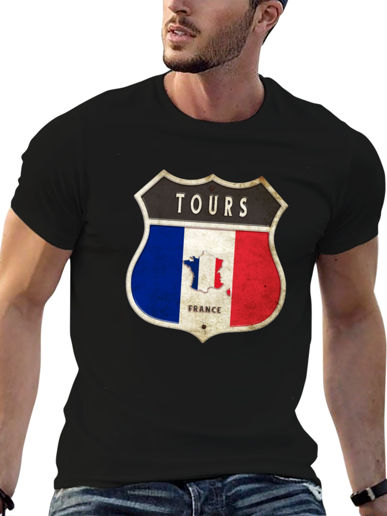 Tours France T-Shirt - French Flag Shield Design