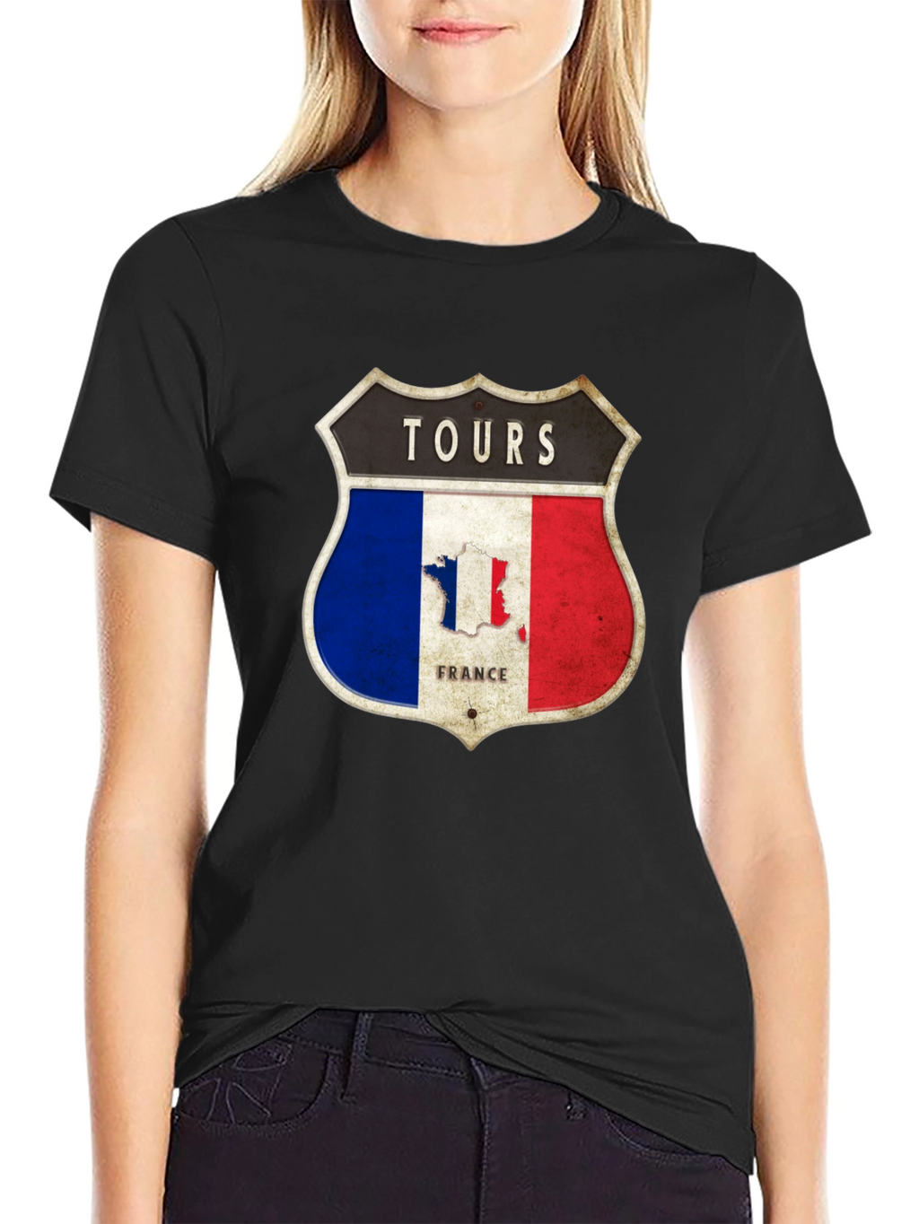 Tours France T-Shirt - French Flag Shield Design