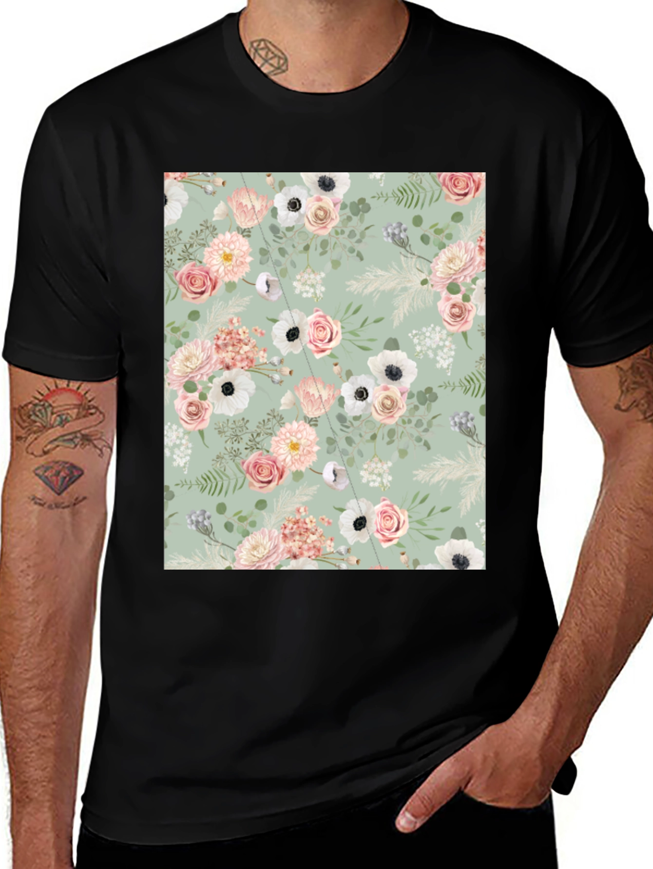 Floral Pattern Black Tee