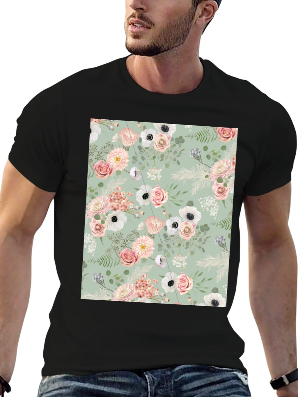 Floral Pattern Black Tee