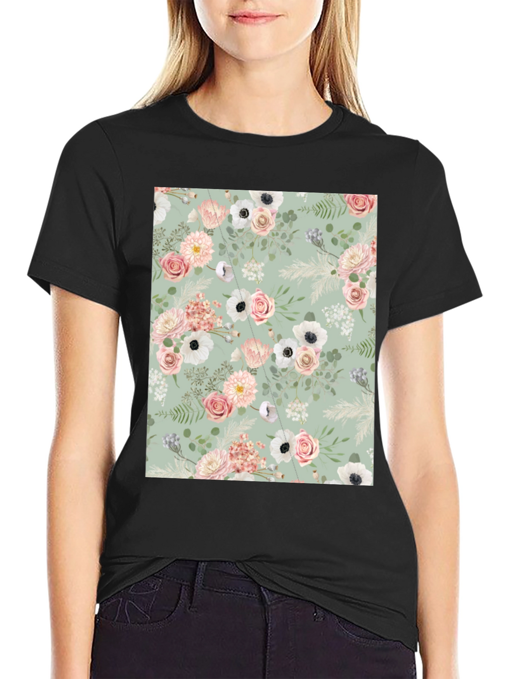 Floral Pattern Black Tee