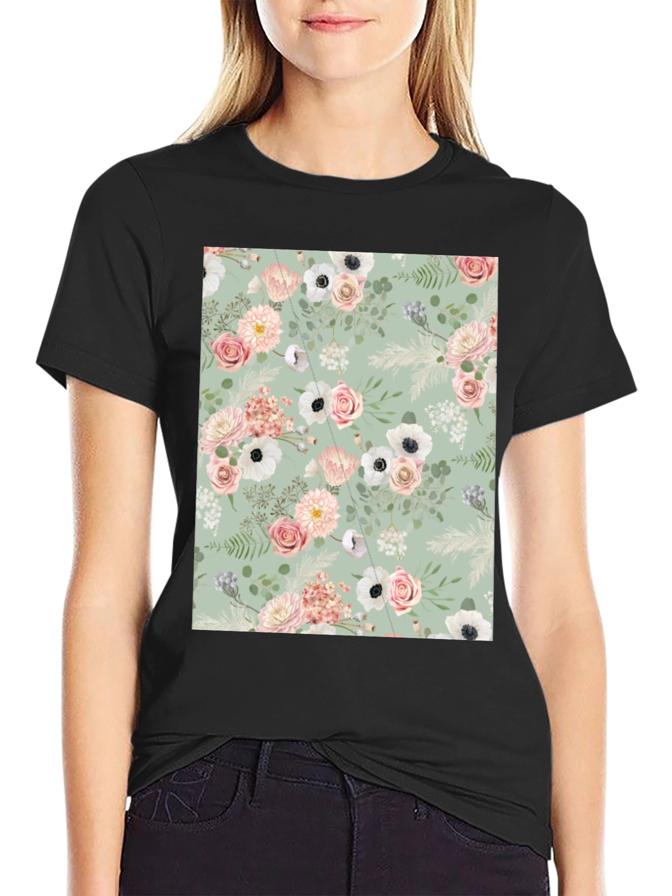 Floral Pattern Black Tee