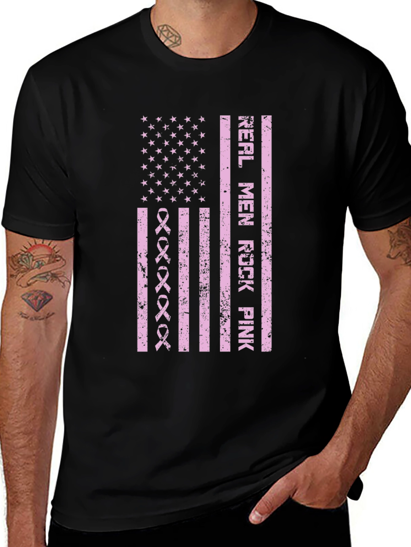 Real Men Rock Pink Breast Cancer Awareness T-Shirt