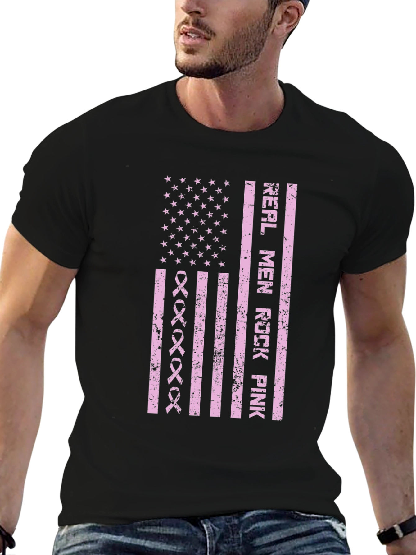 Real Men Rock Pink Breast Cancer Awareness T-Shirt