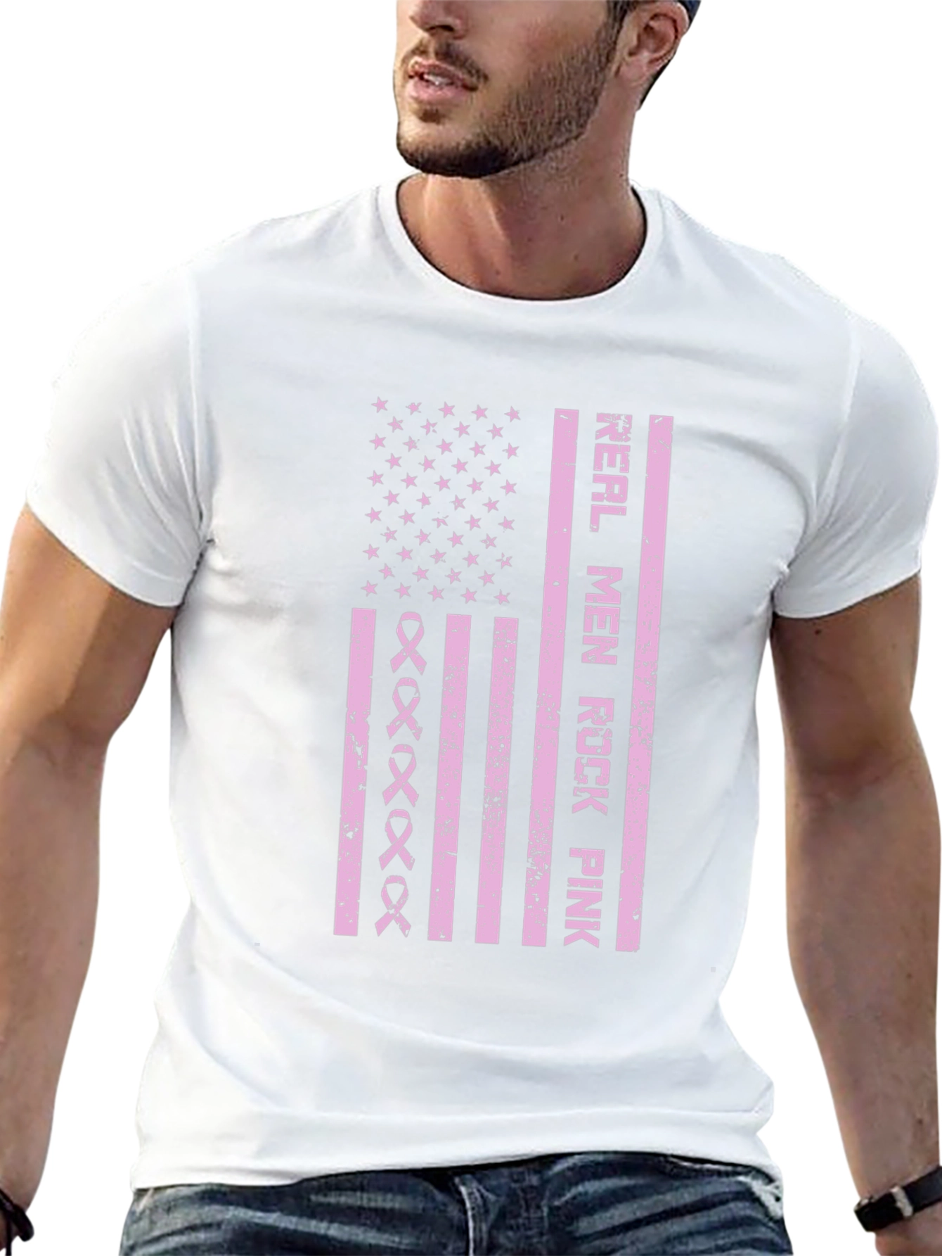 Real Men Rock Pink Breast Cancer Awareness T-Shirt