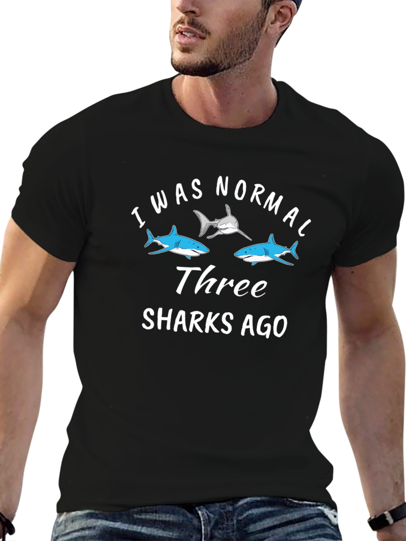 I Was Normal Three Sharks Ago Black T-Shirt