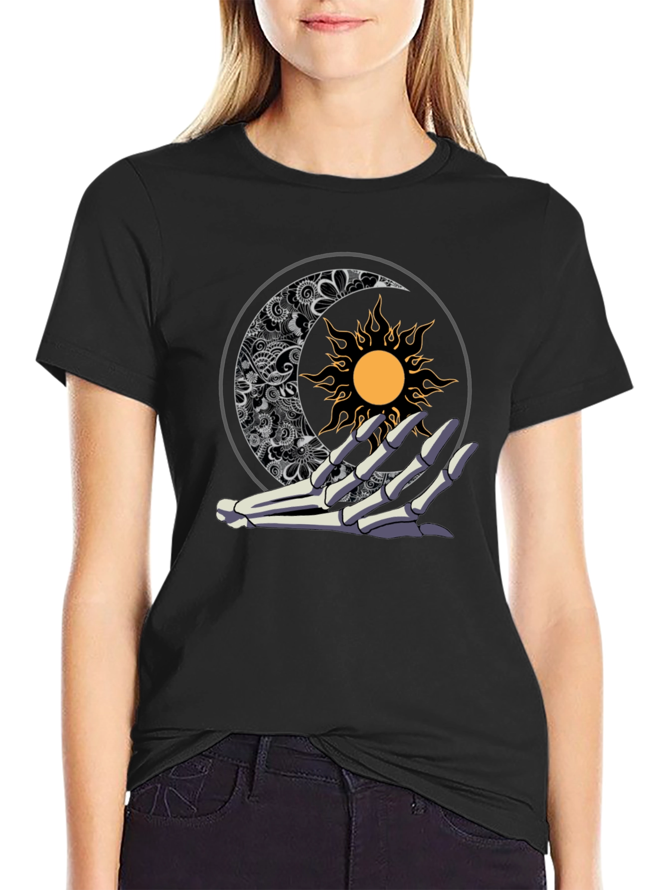 Sun & Moon Skeleton Hand Graphic Tee