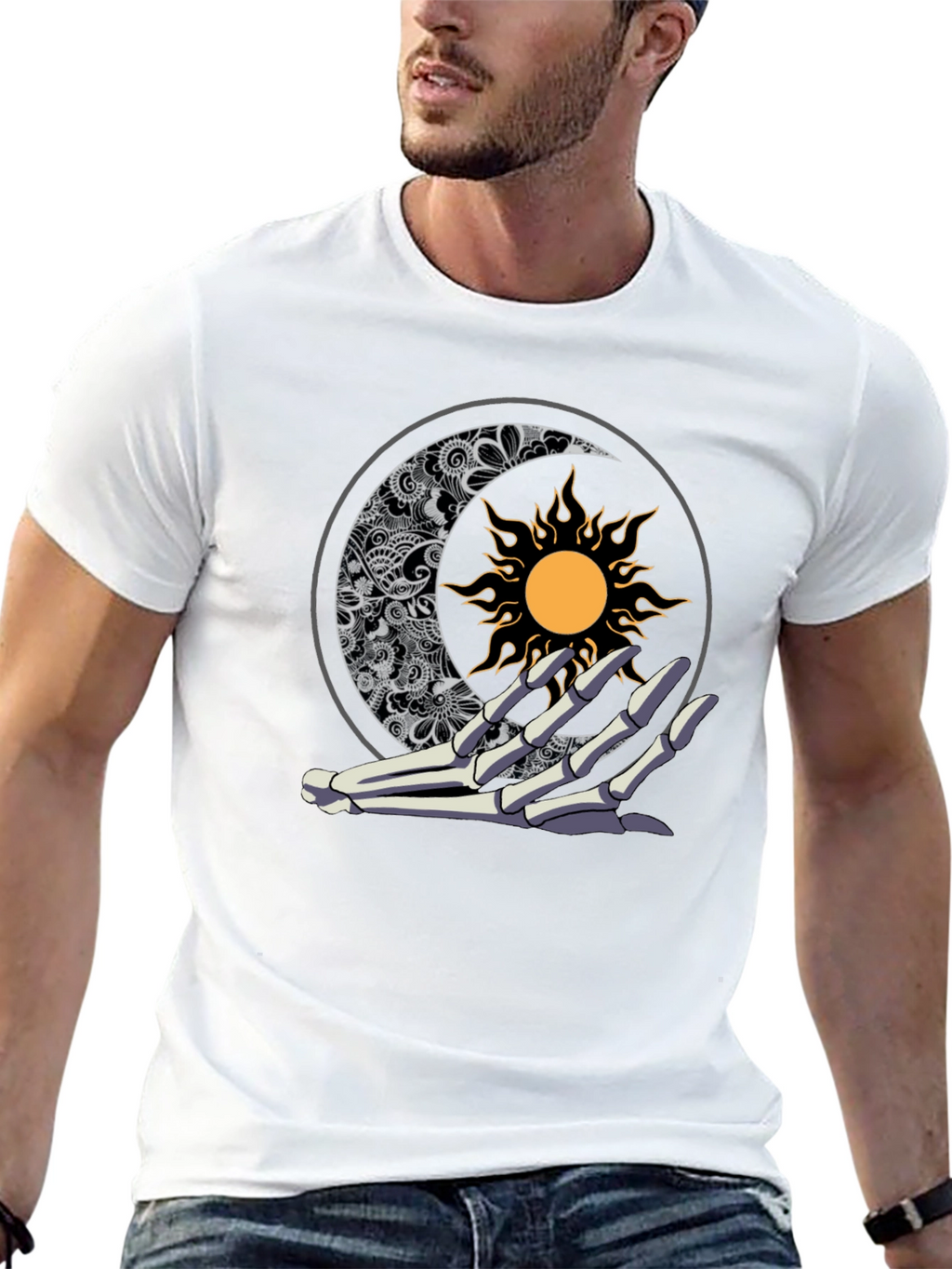 Sun & Moon Skeleton Hand Graphic Tee