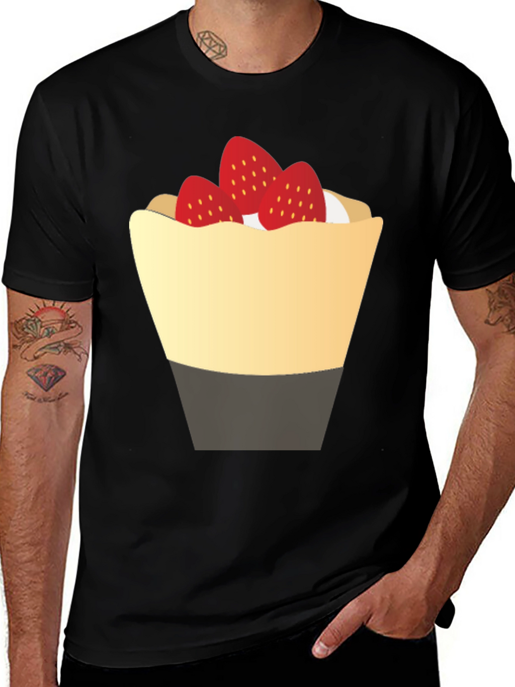 Strawberry Dessert Graphic Tee - Casual Black T-Shirt