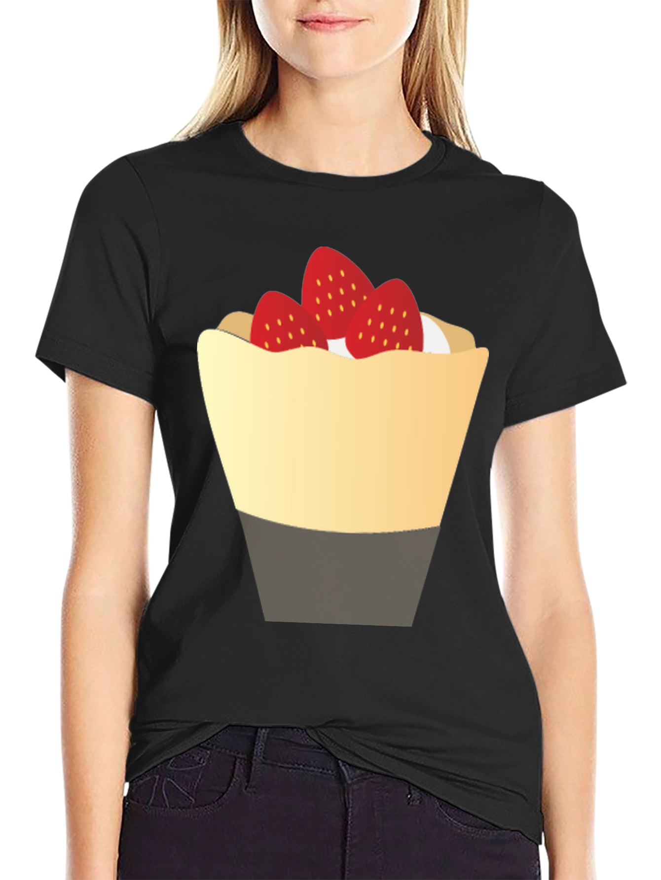 Strawberry Dessert Graphic Tee - Casual Black T-Shirt