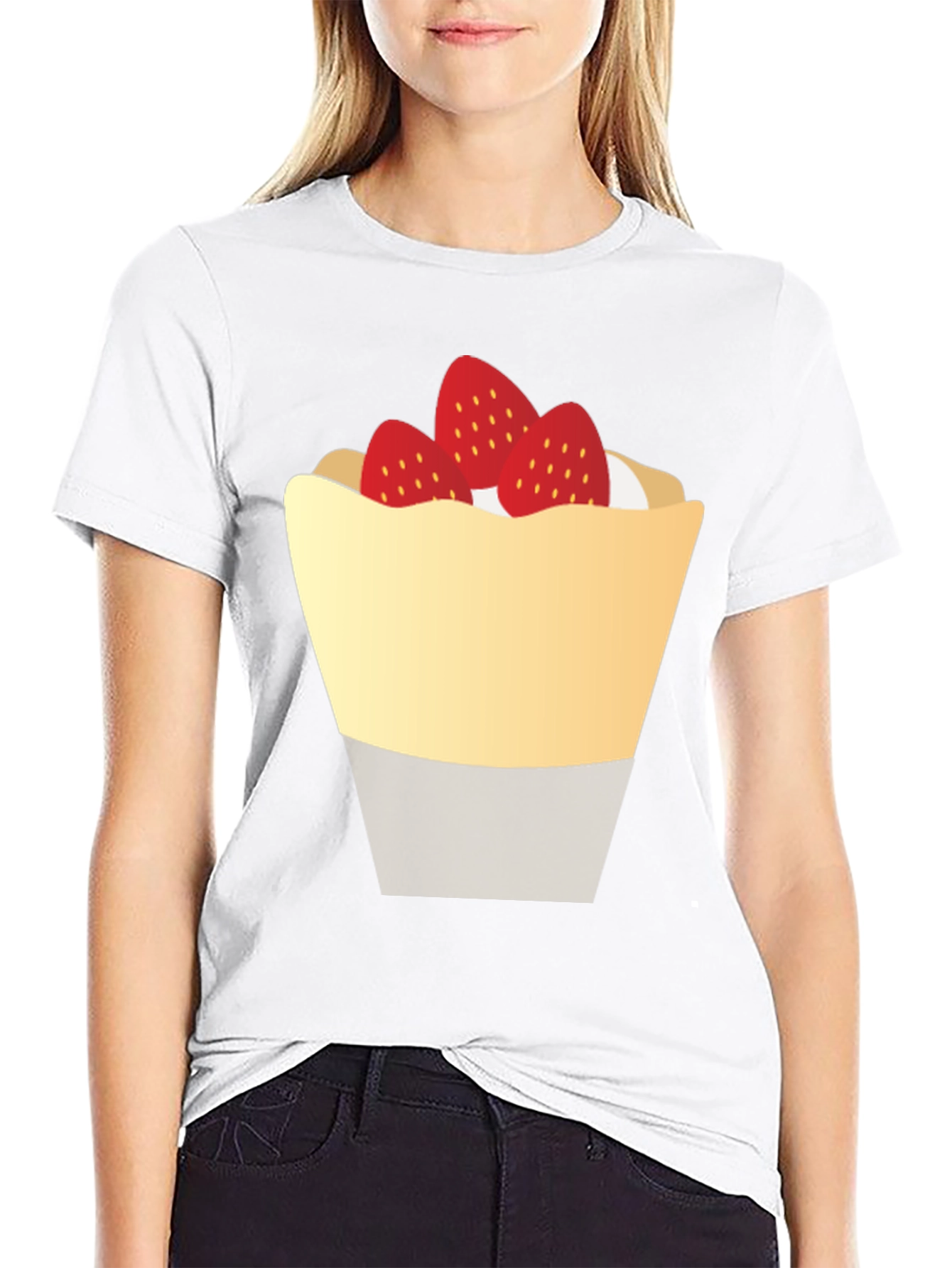 Strawberry Dessert Graphic Tee - Casual Black T-Shirt