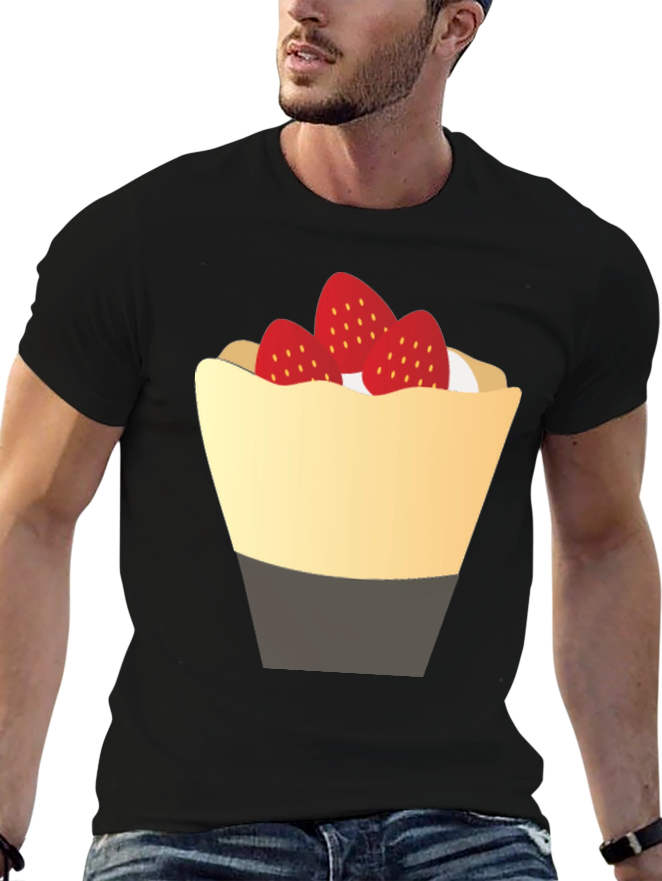 Strawberry Dessert Graphic Tee - Casual Black T-Shirt