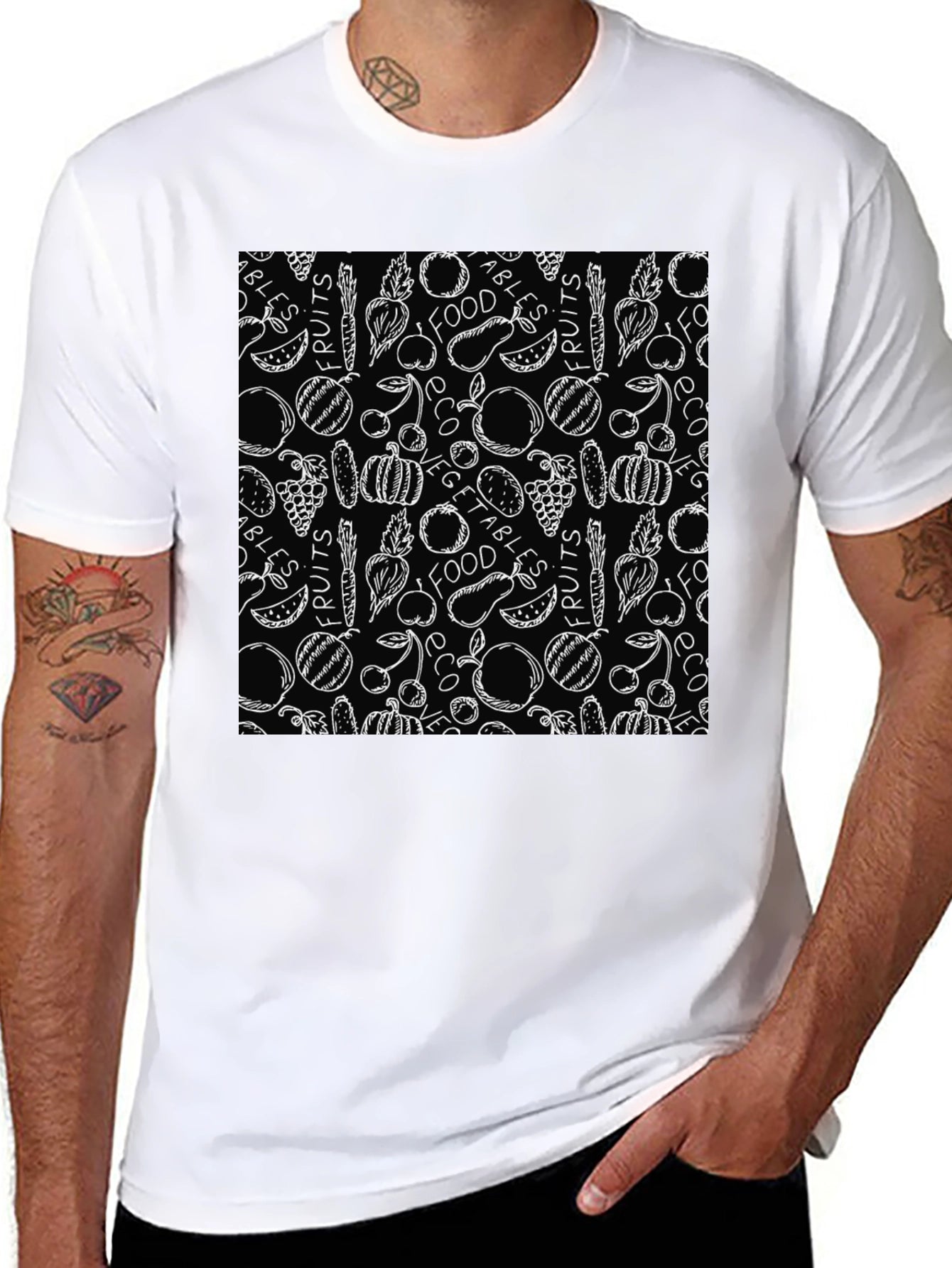 Fruits & Veggies Patterned Black T-Shirt
