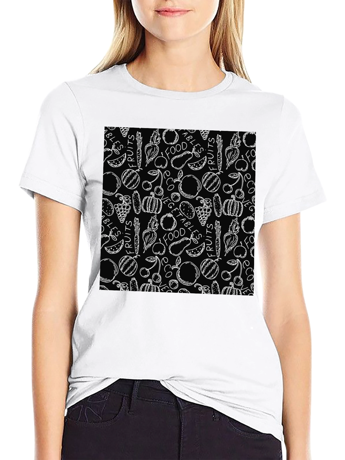 Fruits & Veggies Patterned Black T-Shirt