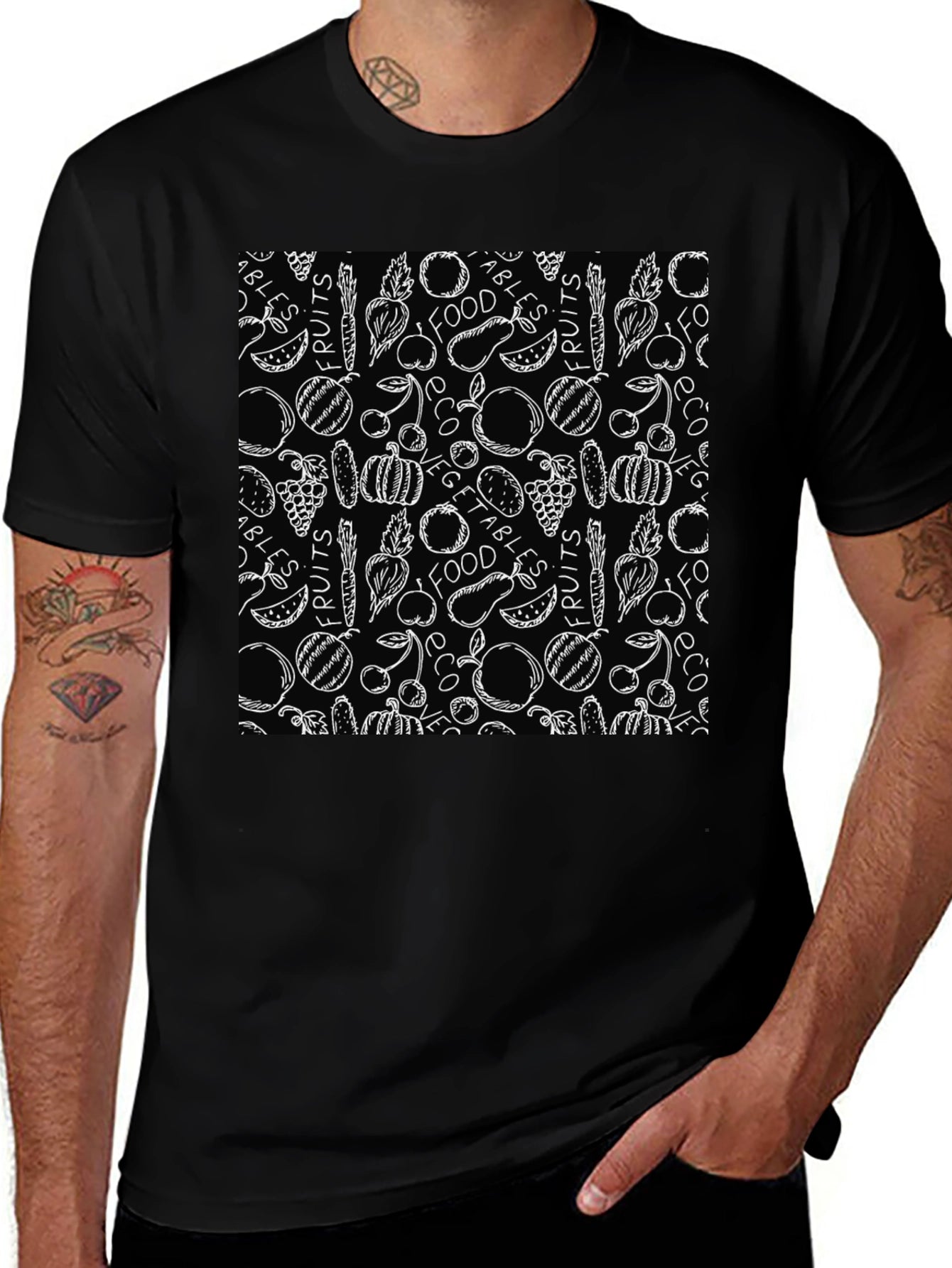 Fruits & Veggies Patterned Black T-Shirt