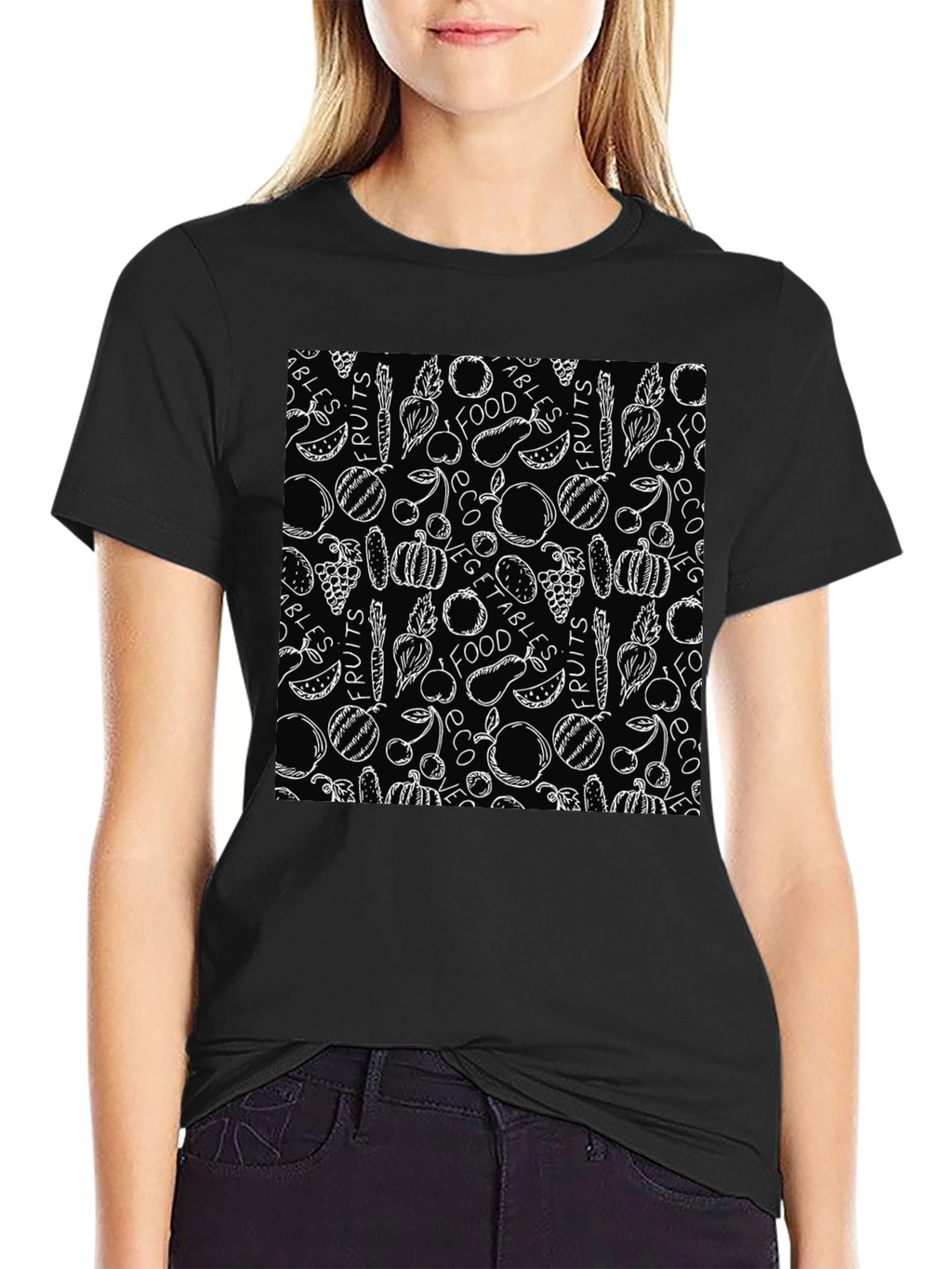 Fruits & Veggies Patterned Black T-Shirt