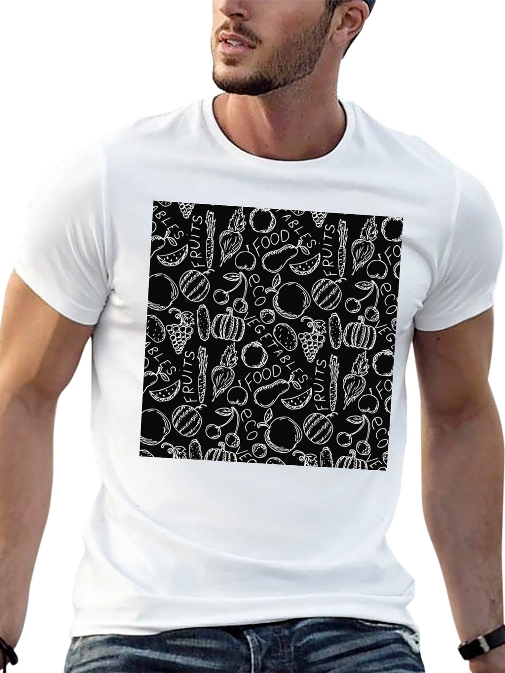 Fruits & Veggies Patterned Black T-Shirt