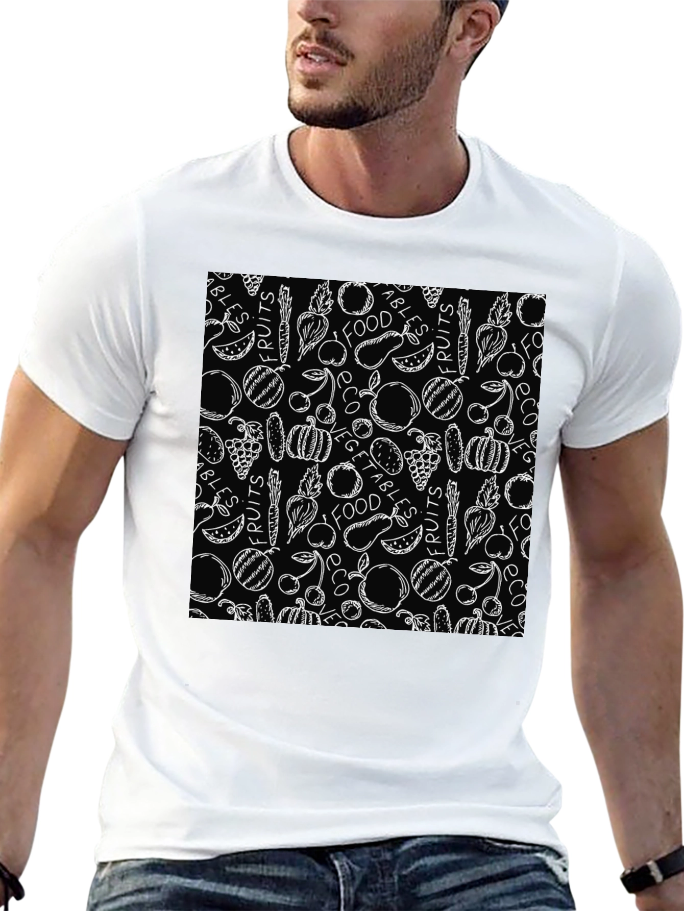Fruits & Veggies Patterned Black T-Shirt